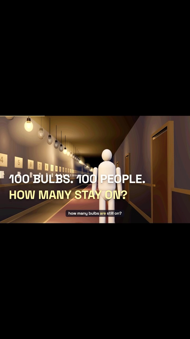 Frame from my coding explainer: a 3D hallway of numbered bulbs and a character, with the question 100 bulbs, 100 people, how many stay on?