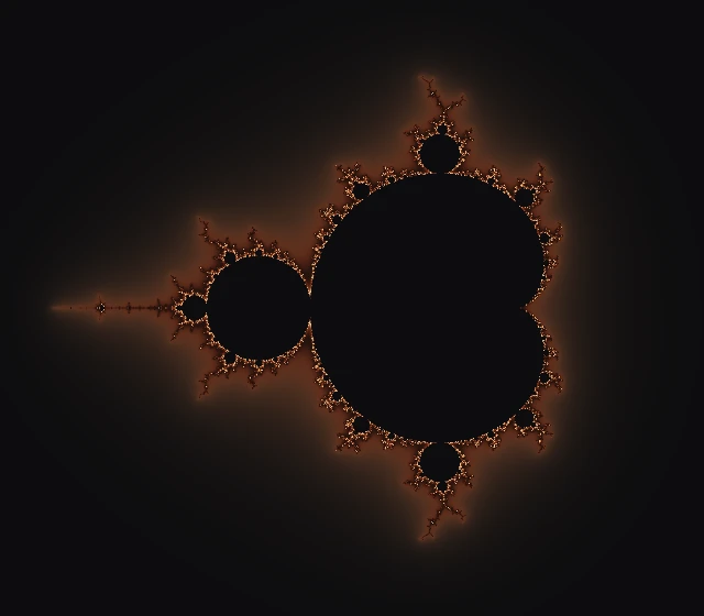 The full Mandelbrot set in amber on black