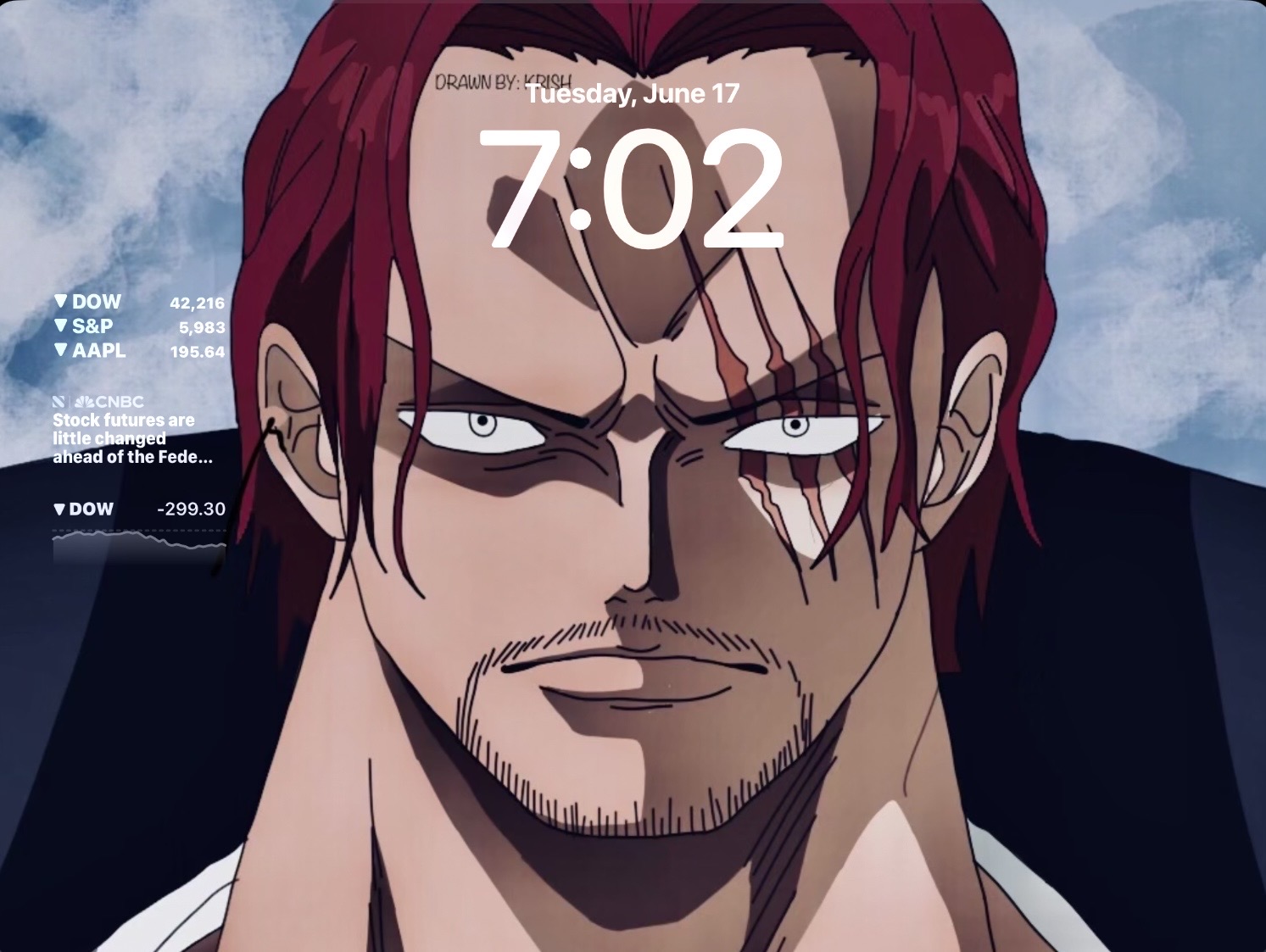 My hand-drawn red-haired anime portrait used as an iPad wallpaper