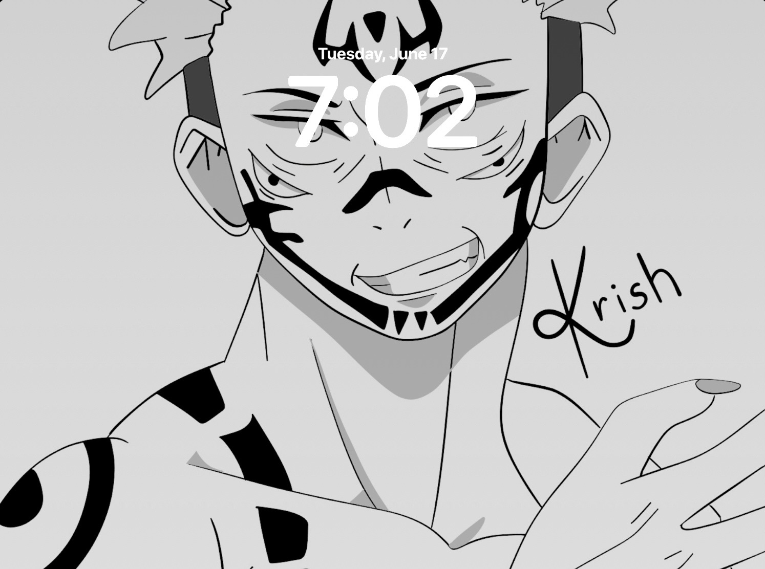 My signed black-and-white anime portrait used as an iPad wallpaper